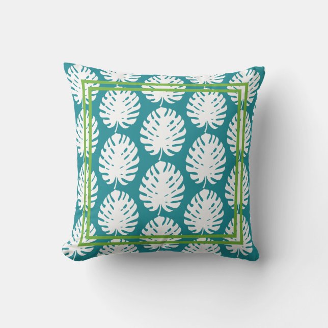 Monstera Leaf Green Aqua Pattern Kuststrand Kussen (Voorkant)
