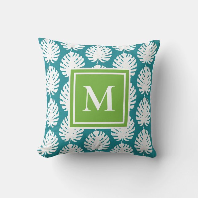 Monstera Leaf Green Aqua White Monogram Coastal Kussen (Voorkant)