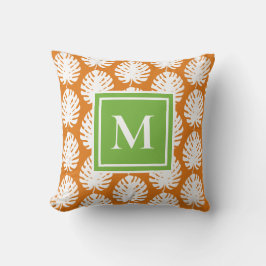 Monstera Leaf Green Sinaasappel White Monogram Coa Kussen