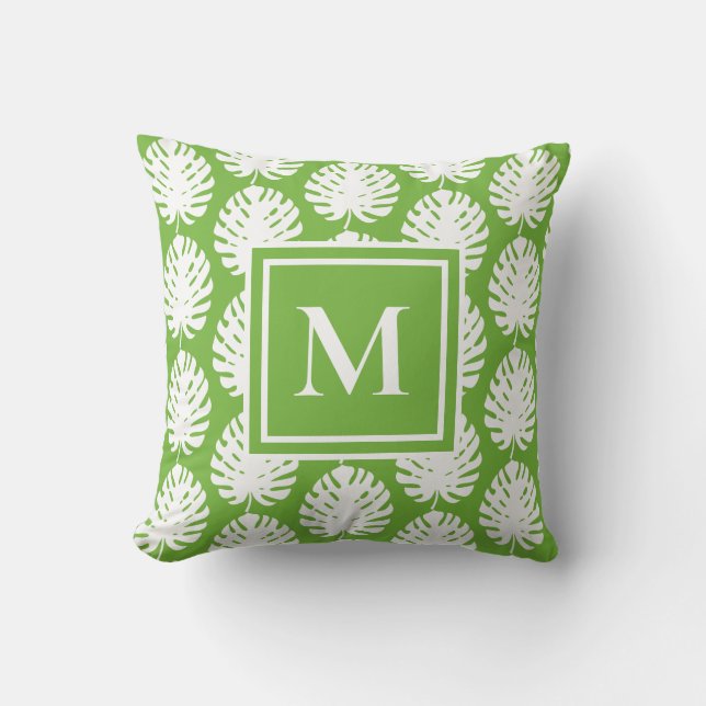 Monstera Leaf Green White Monogram Coastal Modern Kussen (Voorkant)