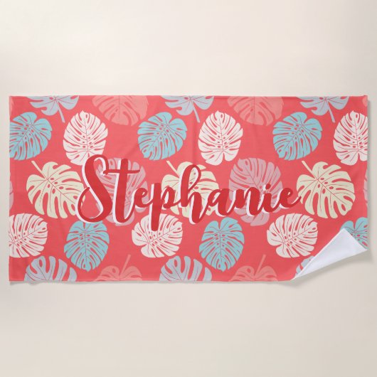 Monstera Leaf Kleurrijke Koraal Tropische Script N Strandlaken (Voorkant)