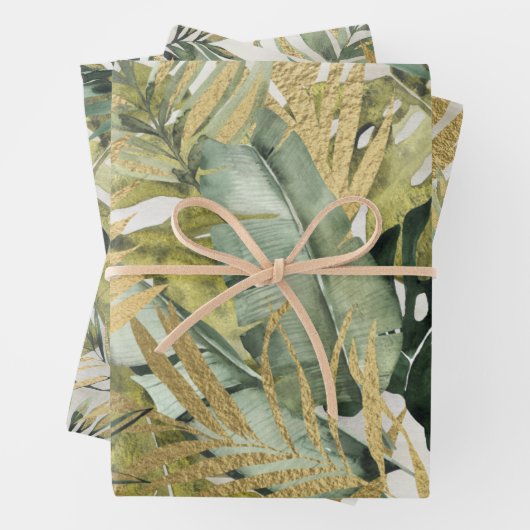 Monstera Leaf Majesty & Gold Tropical Palms Inpakpapier Vel (In situ)