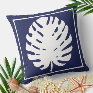 Monstera Leaf Navy Blue en White Coastal Modern Kussen