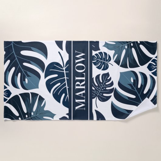 Monstera Leaf Navy & Witte Tropische Strandlaken (Voorkant)