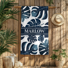 Monstera Leaf Navy & Witte Tropische Strandlaken