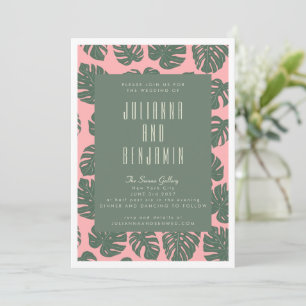 Monstera Leaf Plant Botanical Pink Green Wedding Kaart