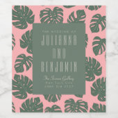 Monstera Leaf Plant Botanical Pink Green Wedding Wijn Etiket (Enkel label)