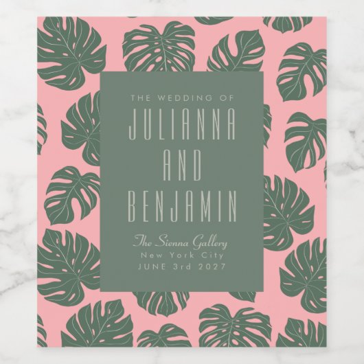 Monstera Leaf Plant Botanical Pink Green Wedding Wijn Etiket (Enkel label)