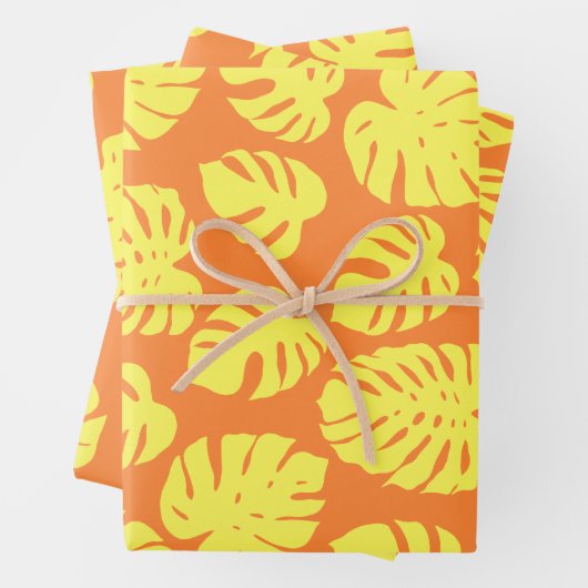 Monstera Leaf Plant Botanisch in geel en Oranje Inpakpapier Vel (In situ)