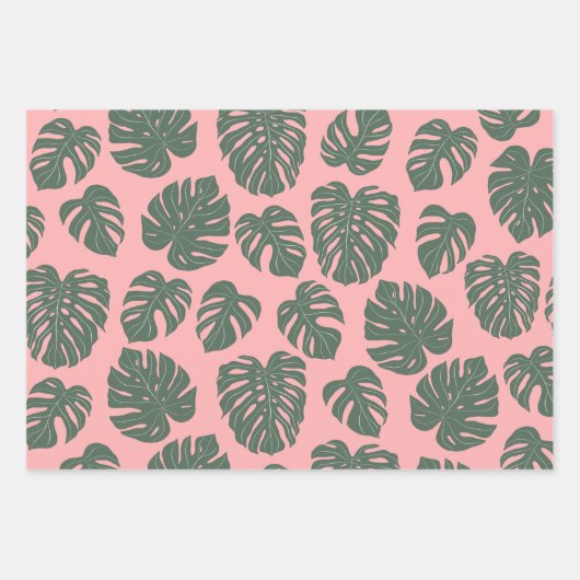 Monstera Leaf Plant Botanisch in Roze en Groen Inpakpapier Vel (Voorkant 2)