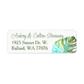 Monstera Leaf Return Address Labels, Green Blue Etiket (Voorkant)