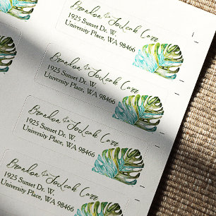 Monstera Leaf Return Address Labels, Green Blue Etiket