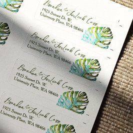 Monstera Leaf Return Address Labels, Green Blue Etiket