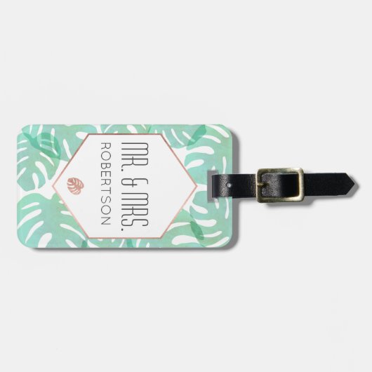 Monstera Leaf & Roos Gold Bagagelabel (Voorkant horizontaal)