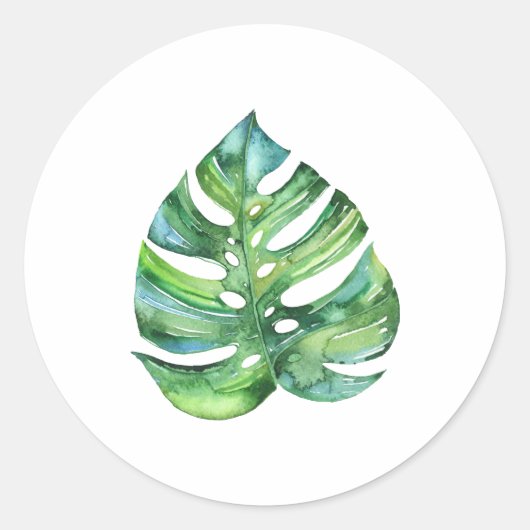 Monstera leaf sticker, waterverf tropisch gevoel ronde sticker (Voorkant)