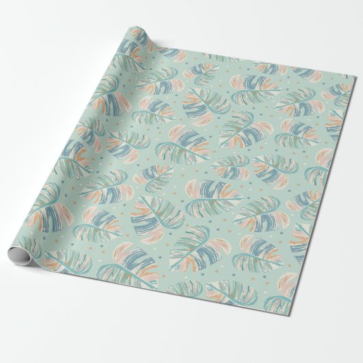 Monstera Leaf - Turquoise, Green, Coral, Mustard Cadeaupapier (Uitgerold)