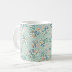 Monstera Leaf - Turquoise, Green, Coral, Mustard Koffiemok