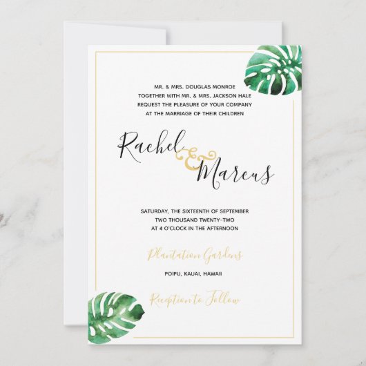Monstera Leaf Wedding Invitation Kaart (Voorkant)