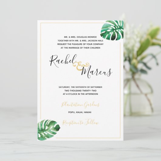 Monstera Leaf Wedding Invitation Kaart (Staand voorkant)