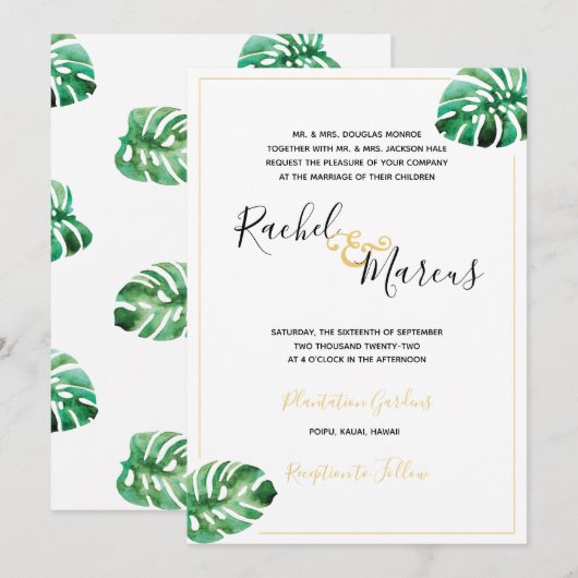 Monstera Leaf Wedding Invitation Kaart (Voorkant / Achterkant)