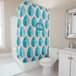 Monstera Leaves - Blue and Pink Douchegordijn