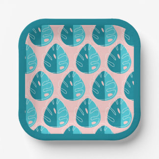 Monstera Leaves - Blue and Pink Papieren Bordje