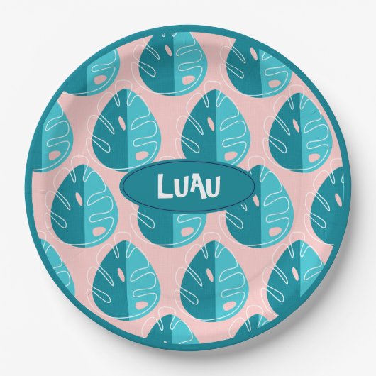 Monstera Leaves - Blue and Pink Papieren Bordje (Voorkant)