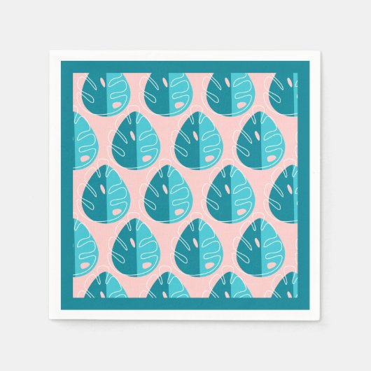 Monstera Leaves - Blue and Pink Servet (Voorkant)