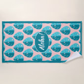 Monstera Leaves - Blue and Pink Strandlaken (Voorkant)