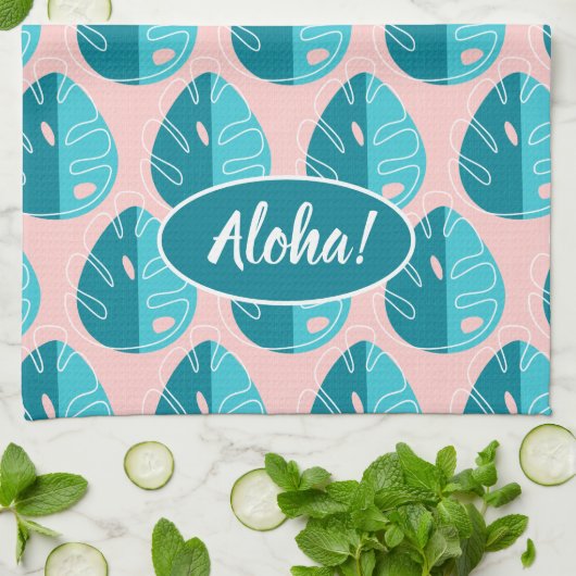 Monstera Leaves - Blue and Pink Theedoek (Gevouwen)