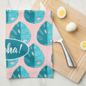 Monstera Leaves - Blue and Pink Theedoek (Quarter Fold)