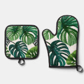 Monstera Leaves | Eenvoudige moderne Waterverf Ovenwant & Pannenlap Set (Voorkant)