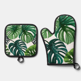 Monstera Leaves | Eenvoudige moderne Waterverf Ovenwant & Pannenlap Set