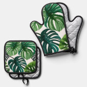 Monstera Leaves | Eenvoudige moderne Waterverf Ovenwant & Pannenlap Set (Voorkant / Achterkant)