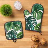 Monstera Leaves | Eenvoudige moderne Waterverf Ovenwant & Pannenlap Set (Top down)
