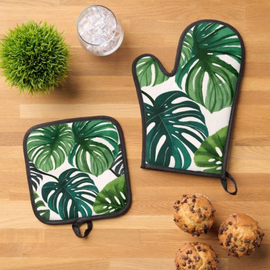 Monstera Leaves | Eenvoudige moderne Waterverf Ovenwant & Pannenlap Set (Top down)