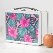 Monstera Leaves en Hibiscus, Blauwgroen en Roze (In situ)