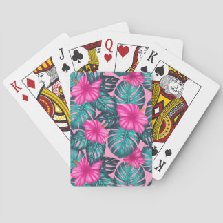 Monstera Leaves en Hibiscus, Blauwgroen en Roze Pokerkaarten
