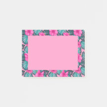 Monstera Leaves en Hibiscus, Blauwgroen en Roze