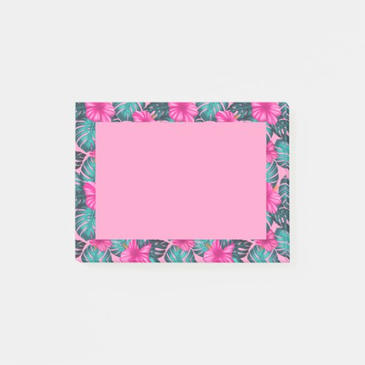 Monstera Leaves en Hibiscus, Blauwgroen en Roze Post-it® Notes (Voorkant)
