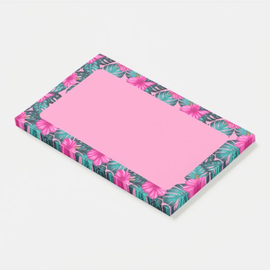 Monstera Leaves en Hibiscus, Blauwgroen en Roze Post-it® Notes (Schuin)
