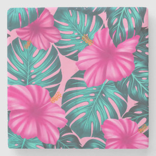 Monstera Leaves en Hibiscus, Blauwgroen en Roze Stenen Onderzetter