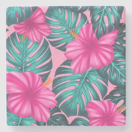 Monstera Leaves en Hibiscus, Blauwgroen en Roze Stenen Onderzetter (Voorkant)