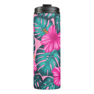 Monstera Leaves en Hibiscus, Blauwgroen en Roze Thermosbeker