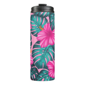 Monstera Leaves en Hibiscus, Blauwgroen en Roze Thermosbeker