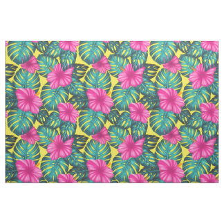 Monstera Leaves en Hibiscus, Blauwgroen Roze op Ge Stof