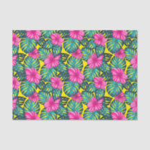 Monstera Leaves en Hibiscus, Blauwgroen Roze op Ge