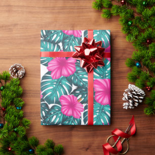 Monstera Leaves en Hibiscus, Blauwgroen Roze op Wi Cadeaupapier