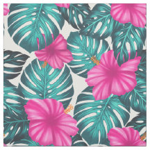 Monstera Leaves en Hibiscus, Blauwgroen Roze op Wi