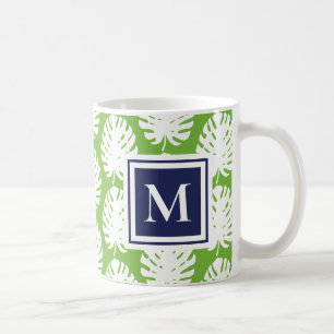 Monstera Leaves Green Navy Modern Monogram Coastal Koffiemok